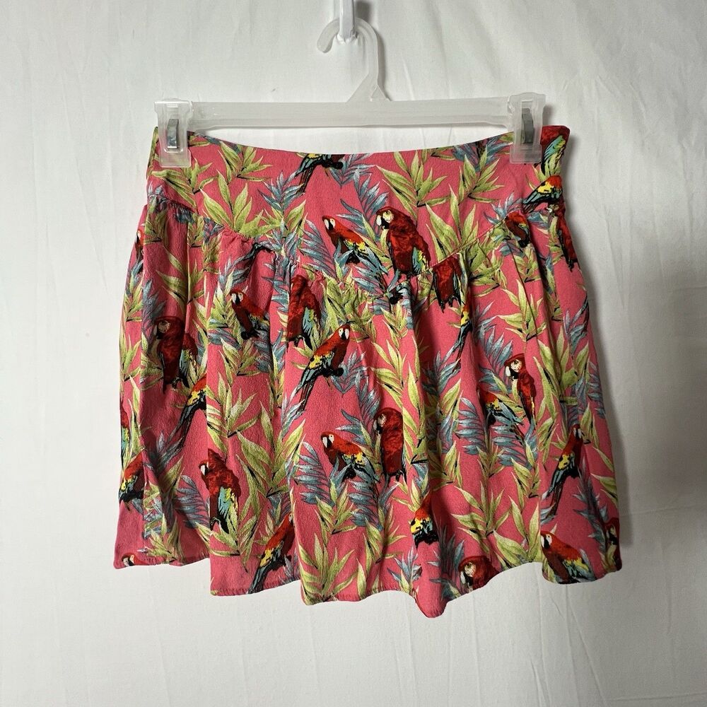 Women's Pink Festival Bold Resort Tropical Floral Parrot Print Mini Skirt Size M